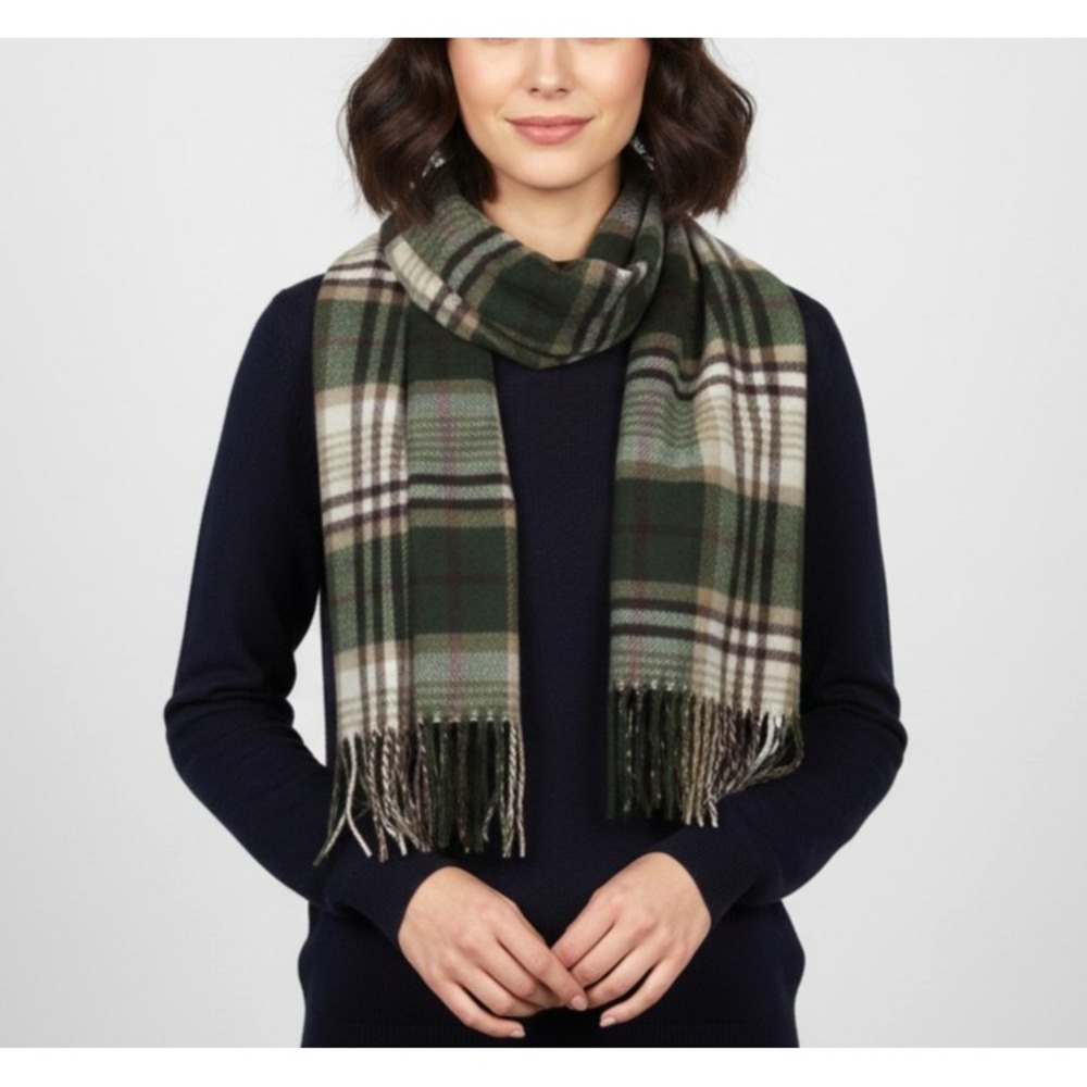Super Soft PURE WOOL Green/Brown/Tan PLAID Unisex RECTANGLE SCARF w/TASSELS